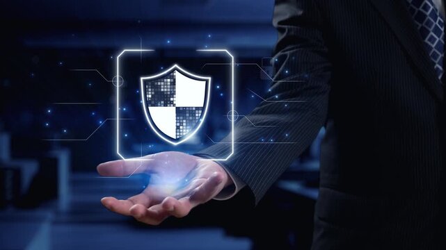 A businessman presents a glowing shield icon, representing cybersecurity, surrounded by lock symbols and digital connections, emphasizing data protection and safety in business. Qubit