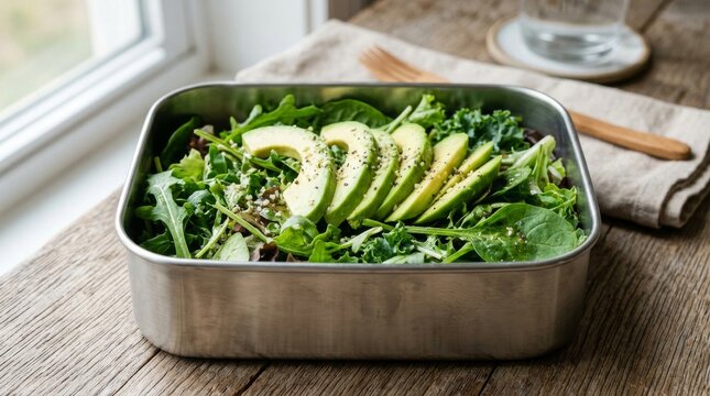 Healthy Green Salad with Avocado Slices in Metal Lunch Box on Wooden Table.