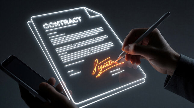 Person signs digital contract on transparent screen with stylus pen and phone. Modern electronic agreement process with online verification and data input.