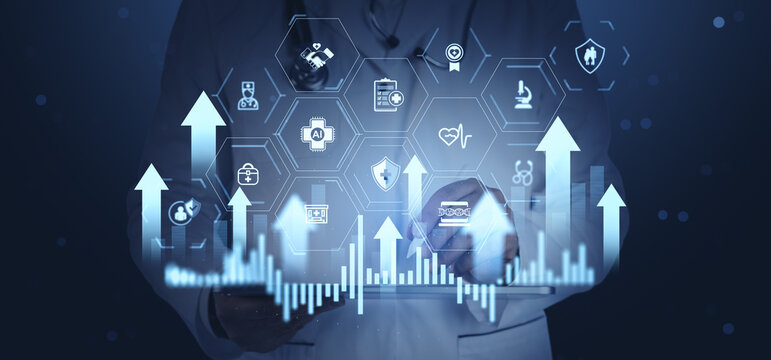 Digital healthcare innovation dashboard with medical icons, rising analytics arrows, and connected technology concept on a creative background.