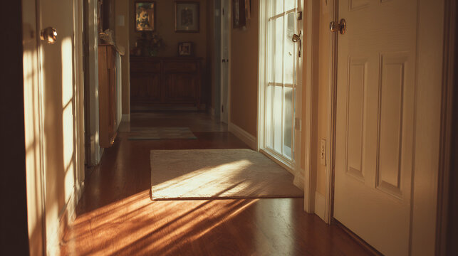 Sunlit hallway leading to open doorway