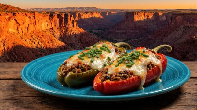 Two stuffed bell peppers sit on a blue plate before a vast desert canyon at sunset. The meal is garnished with chives and melted cheese, offering a warm culinary contrast to the cool arid landscape.