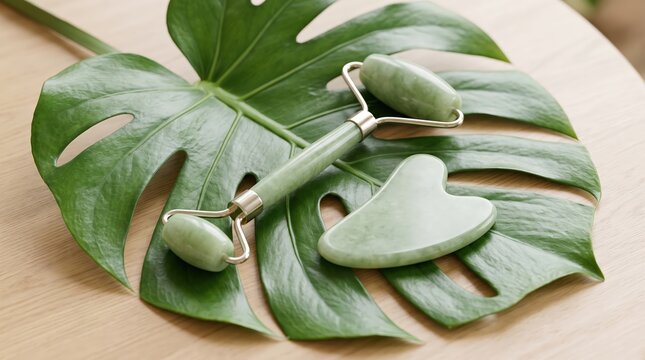 Jade roller and gua sha tool for facial massage on a monstera leaf