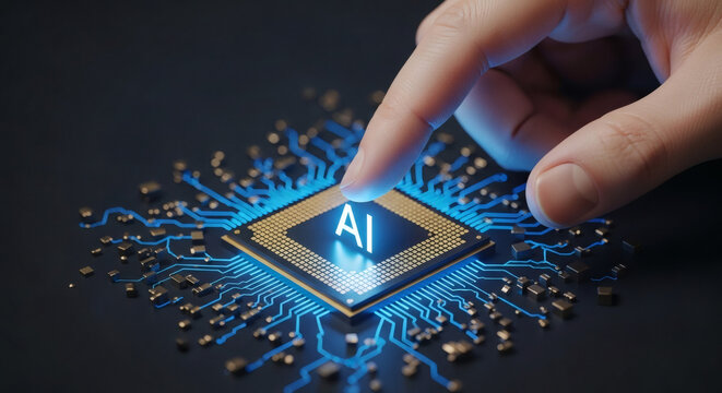Human connection with the future of artificial intelligence, as a finger illuminates an advanced AI processor, symbolizing innovation, data evolution, and technological breakthroughs