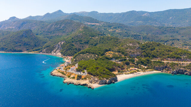 Aerial view of beautiful Aegean sea coastline, Greece