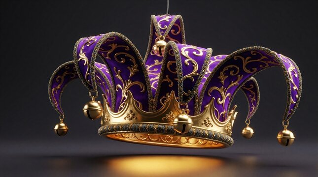 Ornate purple jester hat with gold trim hangs over dark background. Jingle bells dangle from points of luxury fool cap. Festive ornate headwear for masquerade or carnival celebration.
