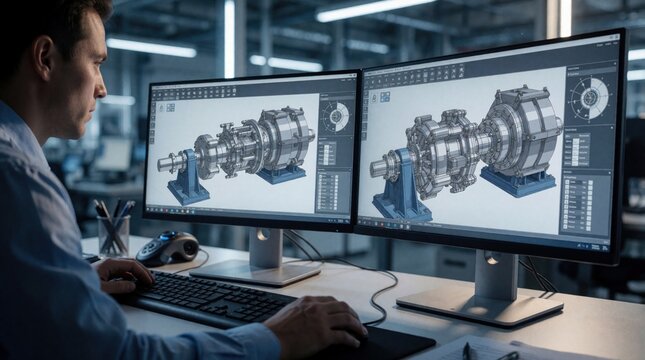 Engineer uses computer aided design software on dual monitors to plan complex machinery. Blueprint displays precise mechanical parts, 3D models for industrial creation. Team works on new tech in