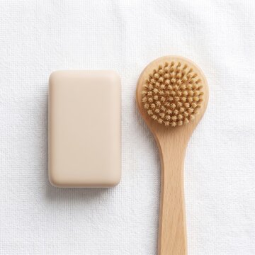 Beige soap bar and wooden bath brush on white towel background