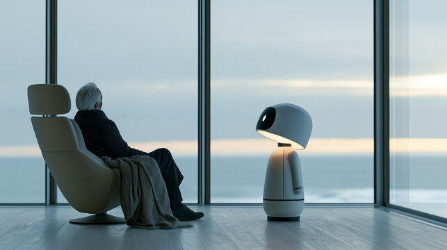 An elderly man sitting by a large window looking out with an AI companion care robot. Aging society, nursing facility, future healthcare technology concept.