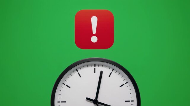 Alarm clock faces showing time passing with red exclamation marks against a green screen background