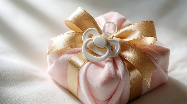 Soft pink gift box with gold ribbon tied around it, holding a baby pacifier. Minimalist present suggests joy, nursery theme, and celebration for new arrival.