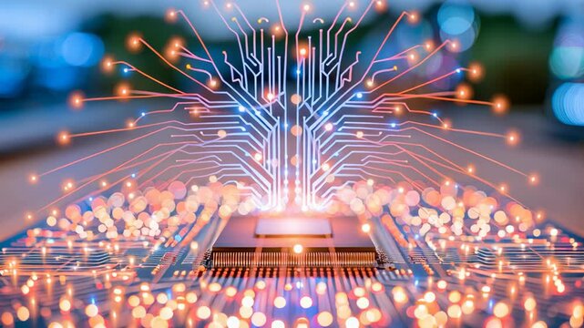 Futuristic AI technology concept featuring a glowing circuit-brain design emerging from a computer processor, surrounded by digital light particles and colorful bokeh.