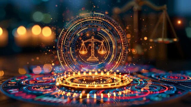 Futuristic legal concept featuring a glowing digital justice scale surrounded by intricate circular technology elements, symbolizing law, justice, legislation and legal technology.