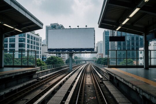 Blank billboard sits above train tracks in a modern city. Tall buildings surround the empty display panel on a cloudy day. This commercial space offers an advertising platform.