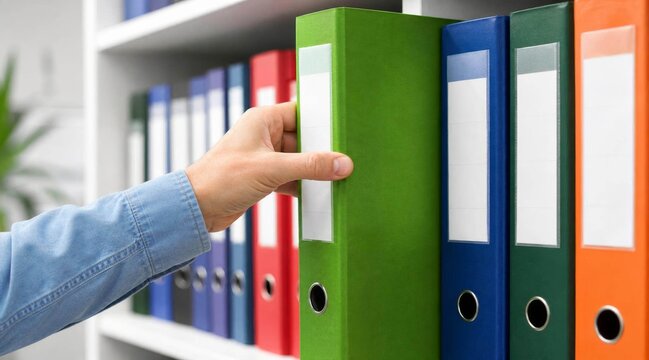 Hand reaching for green binder on office shelf with colorful files.