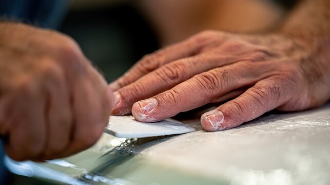 Restoration technician applying fairing compound to fiberglass surface close - up