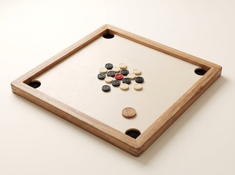 Wooden Carrom Board with Coins and Striker for Traditional Indoor Tabletop Game