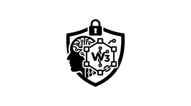 Web3 security shield icon with brain and circuits.