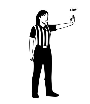 Minimalist black illustration of female referee blowing whistle and gesturing stop. High contrast illustration.