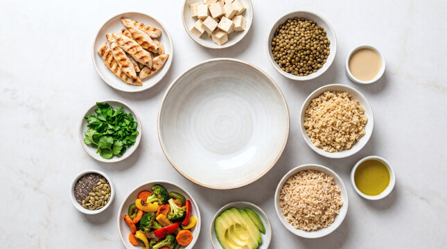 Healthy food ingredients and plant based protein arranged around empty ceramic bowl for poke salad meal prep flat lay overhead view