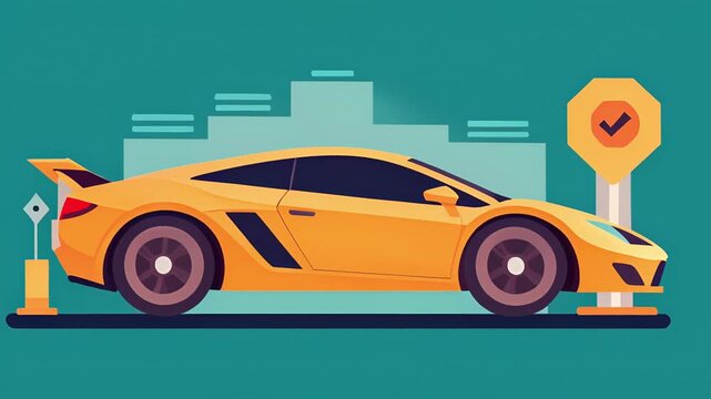 Yellow sports car driving forward in a vibrant flat digital motion animation style graphic clip sequence