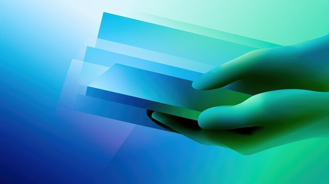 Simplified hands holding smartphone near payment reader with layered translucent shapes