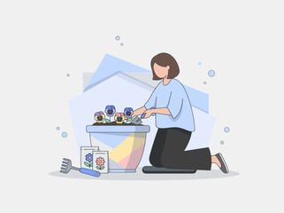 Fototapeta premium Woman planting flowers in a pot with seeds and tools while enjoying hobby gardening outdoors