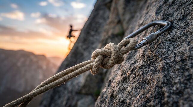 Extreme close up of mountain climbing gear and rope knot on a cliff face at golden hour