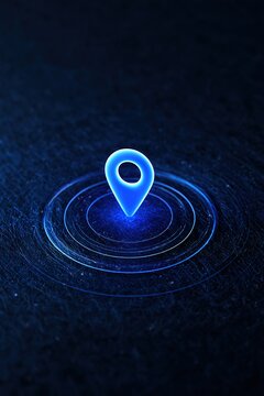 Glowing Blue Location Pin Protected by Circular Energy Barriers for Cybersecurity Geofencing