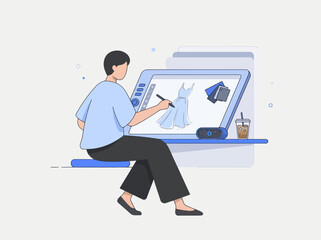 Fototapeta premium A fashion designer draws a dress on a tablet while enjoying a drink and feeling creative and inspired