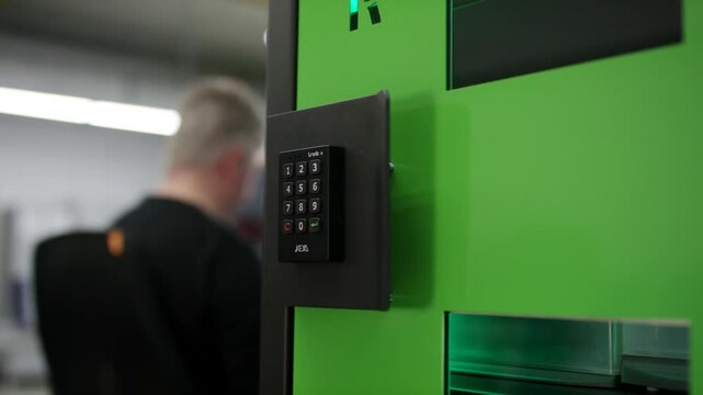 Keypad access panel mounted on green industrial machine in factory