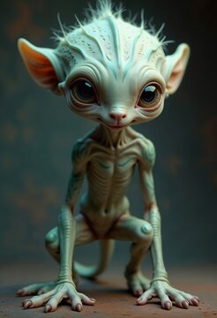 The image shows a detailed digital drawing of a fictional fantasy creature resembling a small alien or unusual humanoid pet