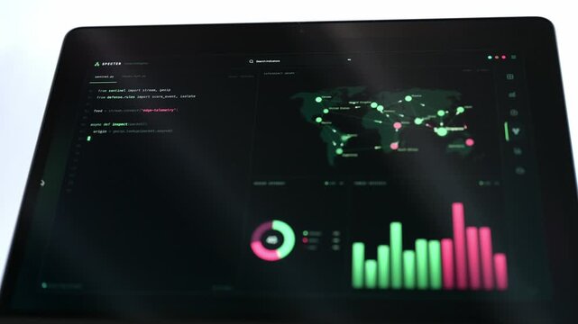 Dark cybersecurity analytics dashboard displaying global network connections, source code, threat indicators, charts, monitoring data, and security operations interface for incident analysis.