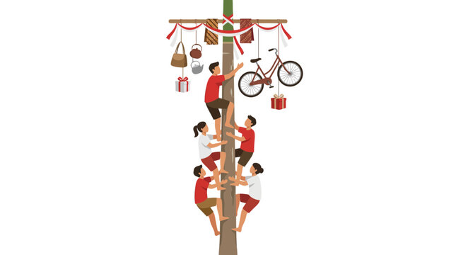Children playing traditional Panjat Pinang greasy pole climb.