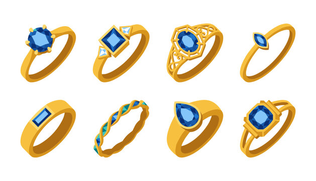 Gold and Blue Sapphire Ring Vector Icon Set with Diamond Engagement Solitaires, Vintage Filigree Bands, and Luxury Royal Gemstone Jewelry Graphic Elements