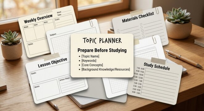 Topic Planner and Study Organizers Displayed on a Wooden Desk