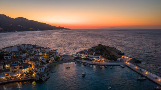 Aerial view of Kokkari village on Samos island, Greece at dusk.