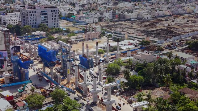 Metro rail construction at a busy road junction in the city - August, 2026, Chennai, India