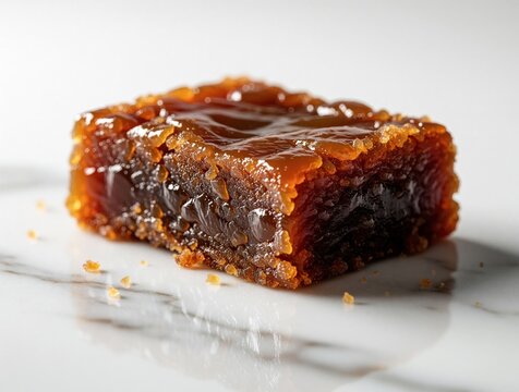 Glossy Indonesian sweet Dodol Garut has rich caramel texture. This dense confectionery from West Java offers traditional flavor, presented simply on marble surface for culinary showcase.