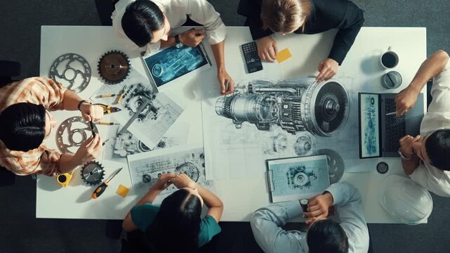 Top view of smart engineer team in casual cloth talking about turbine engine structure at table with metal gear, calculator, sticky notes. Group of technician taking a note in meeting. Alimentation.