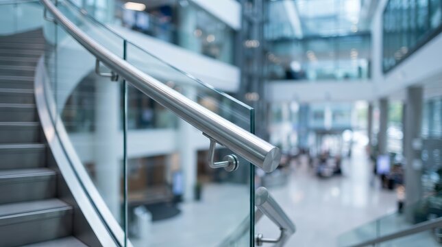 Sleek glass balustrade and stainless steel handrail on an architectural staircase.