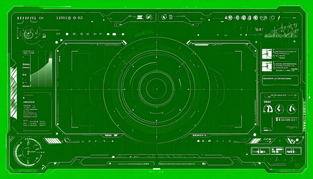 Futuristic Green HUD Interface Display with Circular Target Reticle and Data Graphs for Sci-Fi Technology and Digital Cockpit Concepts