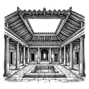 Black and white line art vector illustration of an ancient Roman atrium house interior featuring columns, courtyard pool, and historical architecture.