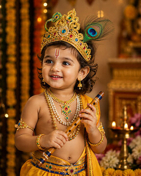 Portrait of a boy in traditional Lord Krishna attire during a Janmashtami celebration at a luxury home, with diyas and traditional festive d&eacute;cor.