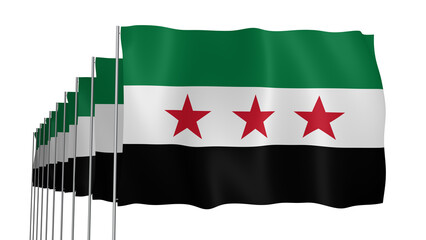 Naklejka premium Multiple Syria Transparent Flags Waving on Blue Sky Background