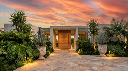 Fototapeta premium Modern Luxury Home Exterior with Lush Landscaping and Vibrant Sunset Sky.