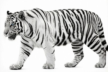 Obraz premium White tiger walks sideways on white background. Fierce predator with blue eyes moves through space. Powerful wild cat with black stripes, heavy paws. Majestic striped beast looks dangerous in