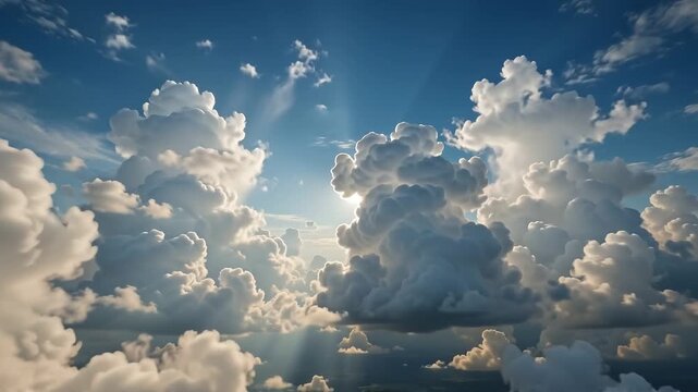 Sun rays shining through white fluffy clouds in a blue sky