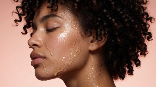 Woman with wet coily hair and glowing skin. Golden liquid drips down her face, neck, and ear. Close-up profile shows dewy texture, moisture, and radiance.