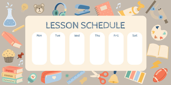 Weekly Lesson Schedule Planner Template. Hand Drawn Pastel School Supplies Vector Illustration